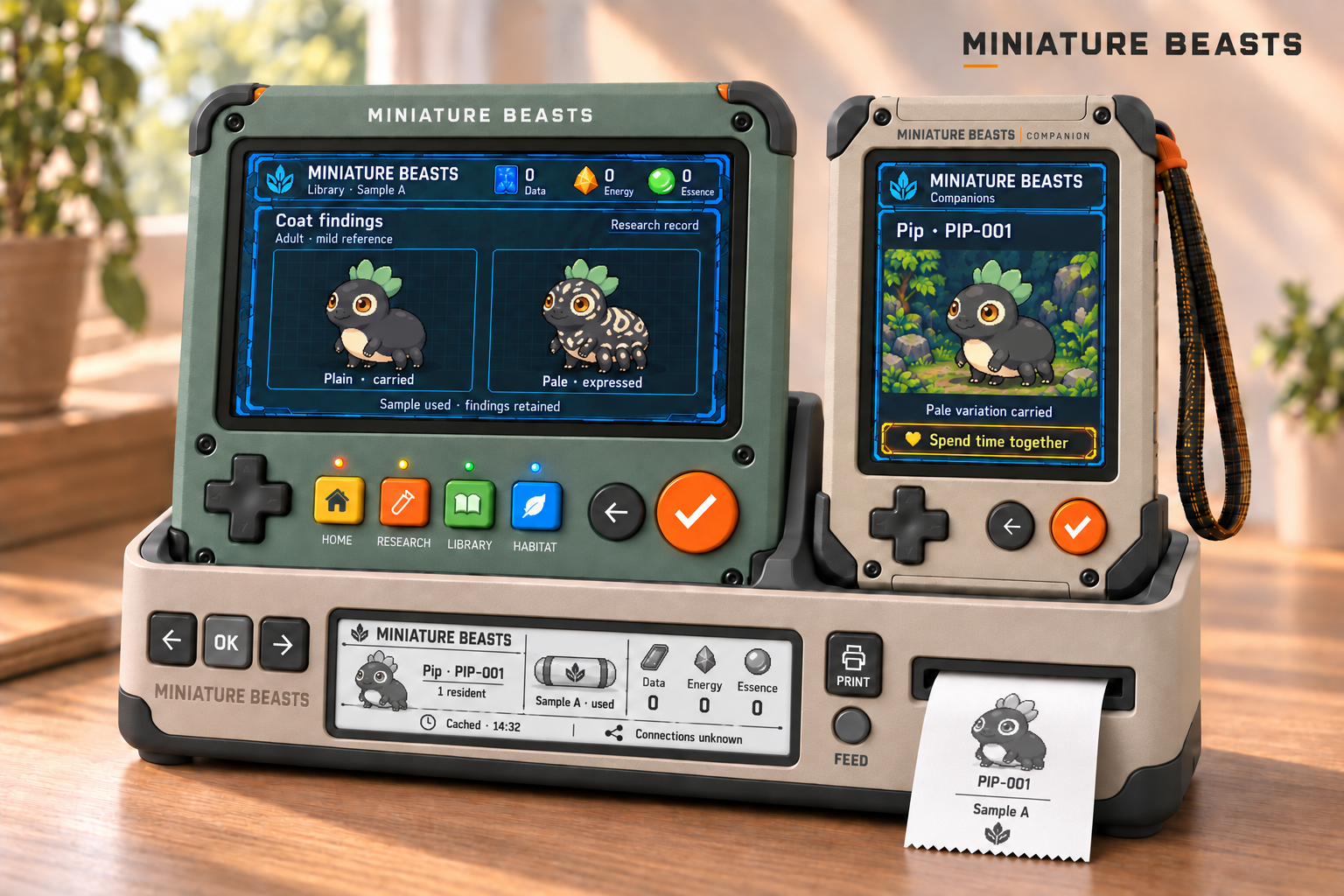 Critter Lab hardware concept: a rugged green handheld Lab and cream Companion docked in a home caddy with a summary display and paper printer.